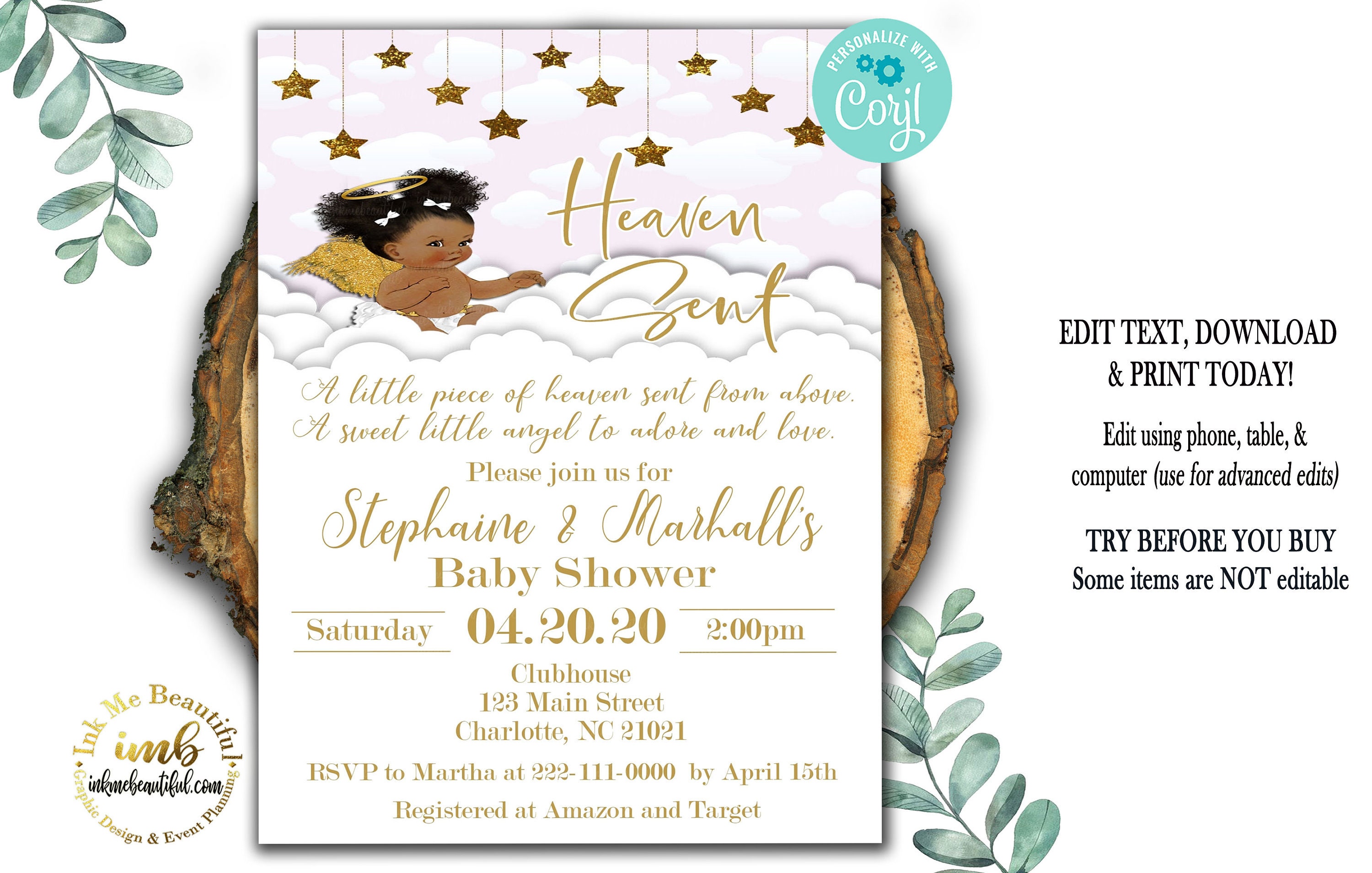 EDITABLE Heaven Sent Baby Shower Invite | Invitation | Pink and Gold ...
