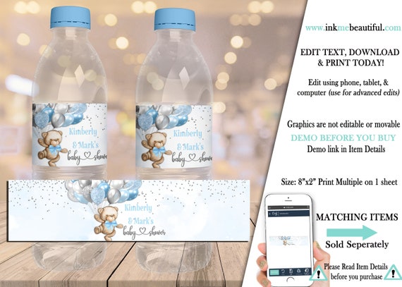PRINTABLE Teddy Bear Baby Shower Water Bottle Label | Teddy Bear Theme | Light Blue | Can Bearly Wait to Meet You | BB05 Il_570xn