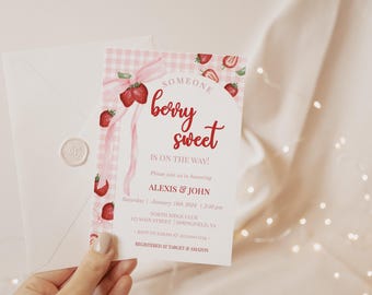 Pink Gingham Strawberry Baby Shower Invitation, Berry Sweet, Editable (Digital File)