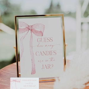 Digital File Pink Bow Guess How Many Game Sign Pink Watercolor Ribbon Minimalist Baby Shower Signs for Baby Sprinkle PB1