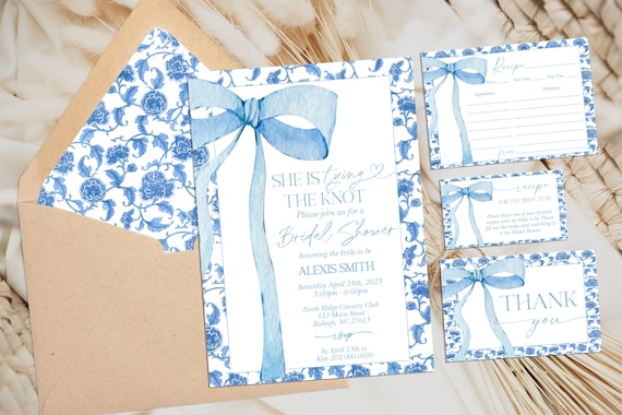 EDITABLE Blue Bow Invitation for Bridal Shower Invite Bundle, She's Tying the Knot Dusy Blue Watercolor Ribbon Dusty Blue Bridal Shower PB7