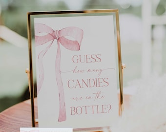 Digital File Pink Bow Guess How Many Game Sign Pink Watercolor Ribbon Minimalist Baby Shower Signs for Baby Sprinkle PB1