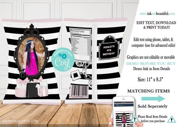 PRINTABLE Paris Theme Chip Bag with Silver, Pink, Black Stripe, Parisian Themed, Baby Shower Striped Il_570xn