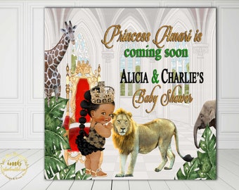 DIGITAL FILE Safari Princess Backdrop,  Royal Baby Shower Backdrop, Photo, Royal Baby Shower Decor, A Princess is On It's Way, Gold COA-02