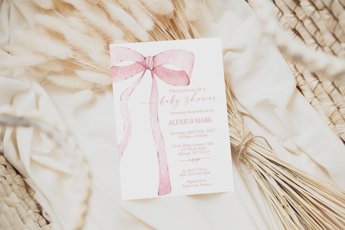 EDITABLE Pink Bow Invitation for Baby Shower, Minimalist Baby Shower ...