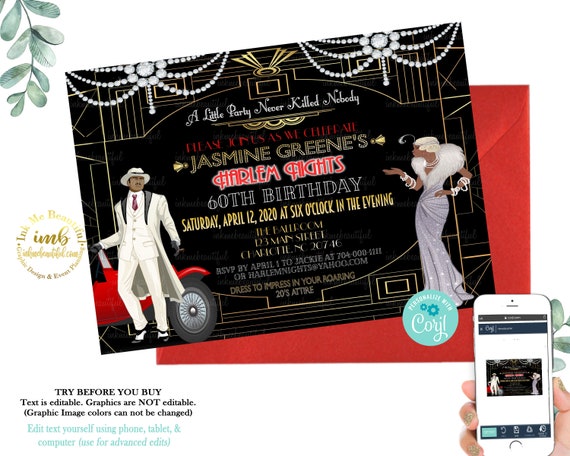 EDITABLE FILE | Harlem NIghts Invite | Gatsby Themed Wedding | Casino Theme | Birthday Invitation | Great Gatsby | Flapper | Gatsby Invite Il_570xn