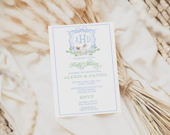 REDIGERBAR Vintage gunghästinbjudan för babyshower, minimalistisk babyshower med blå ginghammotiv för 1-årsdag digital mall