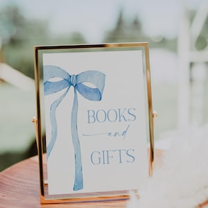 Digital File Blue Bow Books and Gifts Table Sign Blue Watercolor Ribbon Minimalist Baby Shower Sign Baby Sprinkle Minimal BB1