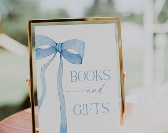 Digital File Blue Bow Books and Gifts Table Sign Blue Watercolor Ribbon Minimalist Baby Shower Sign Baby Sprinkle Minimal BB1