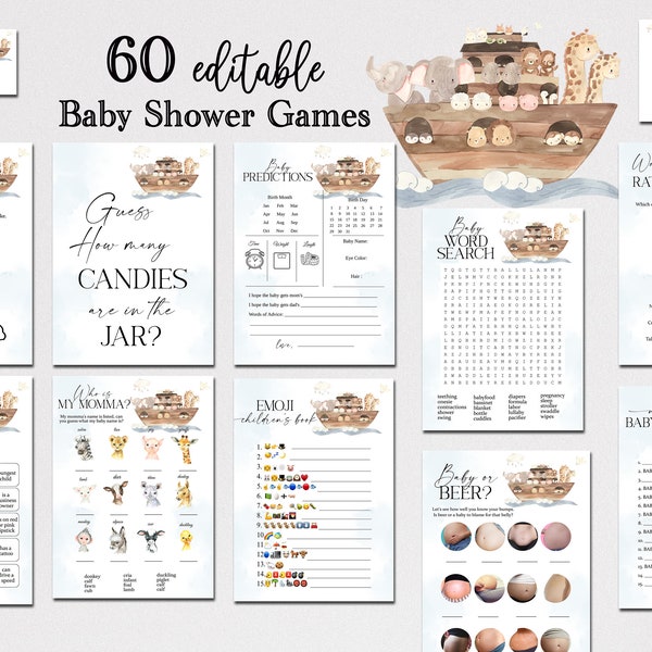 EDITABLE Noah's Ark Baby Shower Games Bundle, Two by Two Baby Shower Game PackGames Digital Template Bible Stories NA22