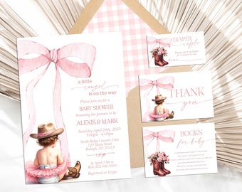 EDITABLE Cowgirl Baby Shower Invitation Bundle A Little Cowgirl is on the Way  Wild West Western Baby Shower Pink Bow 1st Birthday Digital