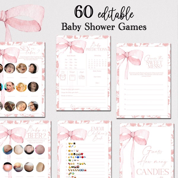 EDITABLE Pink Chinoiserie Games Baby Shower Games Bundle, Minimalist Baby Shower Pink Watercolor Ribbon Blush Pink 60 Game Pack Template PB3