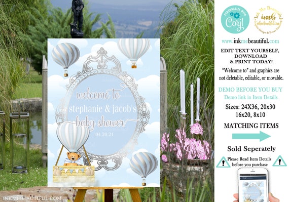 EDITABLE | Blue Hot Air Balloon Welcome Sign | Invitation | Up Up and Away Baby Shower |Teddy Bear | Hot Air Balloon| Birthday Party| HB-029 Il_570xn