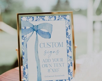 EDITABLE Blue Bow Cutsom Signs 8x10 Dusty Blue Bridal Shower Chinoiserie Baby Shower Watercolor Ribbon Minimalist Baby Shower PB7