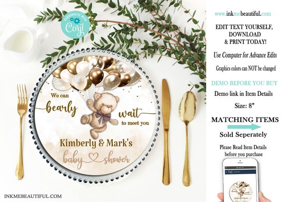 PRINTABLE Teddy Bear Baby Shower Charger Plate Insert | Teddy Bear Theme | Nuetral Shades | We Can Bearly Wait | Bear Baby Shower | BB04 Il_570xn