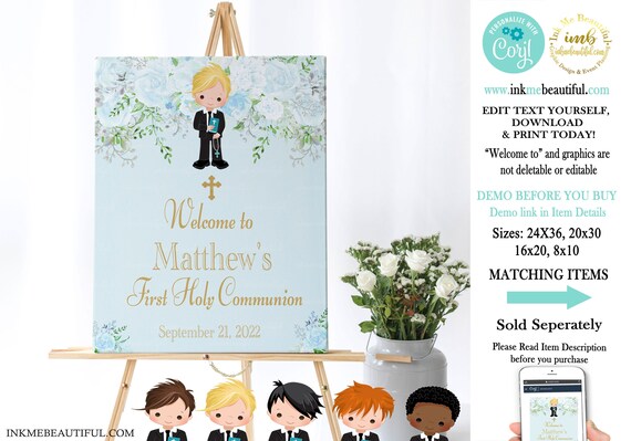EDITABLE First Holy Communion Welcome Sign| Floral | Baby Blue | Baptisim | Boy| Cross FC33 Il_570xn