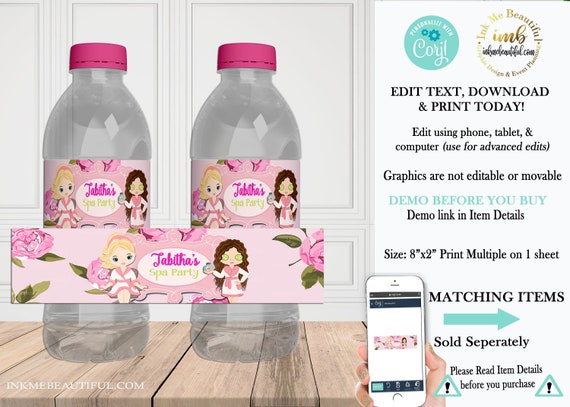 SPA Birthday Water Bottle Label Pamper Party Bottle Label 