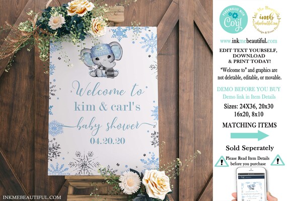 EDITABLE Baby Its Cold Outside Welcome Sign | Elephant | Winter Baby Shower| Blue and Silver Snowflakes | Winter Theme | Baby Boy | BC-020 Il_570xn