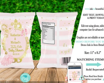 EDITABLE TuTu Baby Shower Chip Bag | TuTu Baby | TuTu Cute | Pink and Gold | Girl Baby Shower | Tutu Baby Shower Games | TU-002