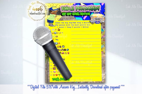 DIGITAL FILE Emoji Pictionary Hip Hop Songs , 5x7, Hip Hop, Baby Shower Games, Throwback 80s 90s House Party, 80s baby, 90s baby, HH01 Il_570xn