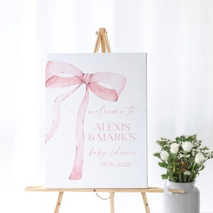 Panneau de bienvenue MODifiable avec noeud rose pour baby shower, baby shower minimaliste rose aquarelle ruban rose poudré 1er anniversaire modèle numérique PB1