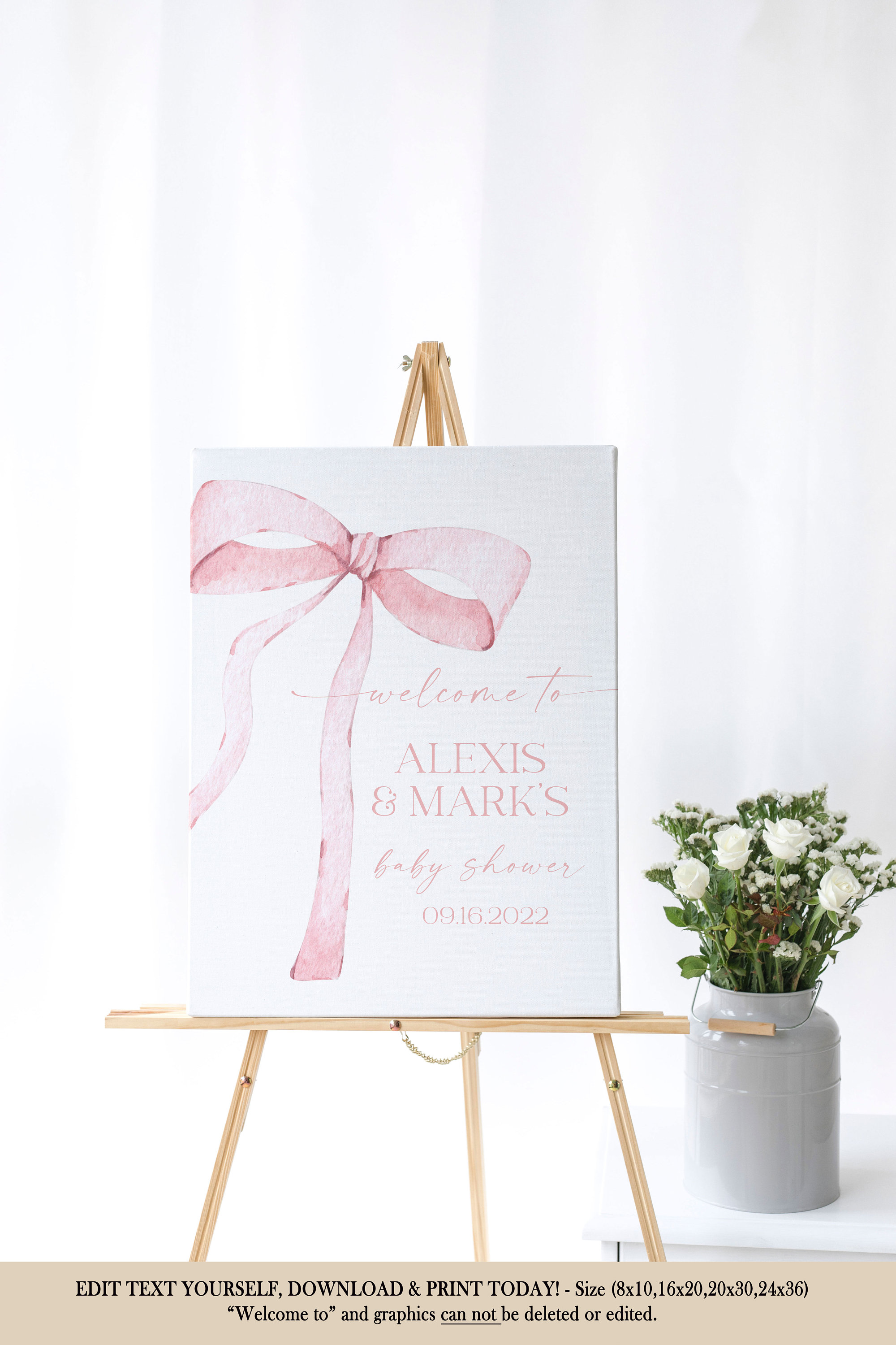 EDITABLE Pink Bow Welcome Sign for Baby Shower, Minimalist Baby Shower Pink Watercolor Ribbon Blush Pink 1st Birthday Digital Template PB1