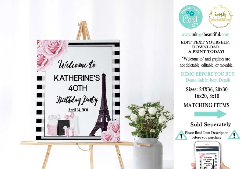 DIGITAL FILE Stripe Paris Birthday Welcome Sign | Couture | Fashion Party | Babyshower | Bridal Shower PP22 image 1