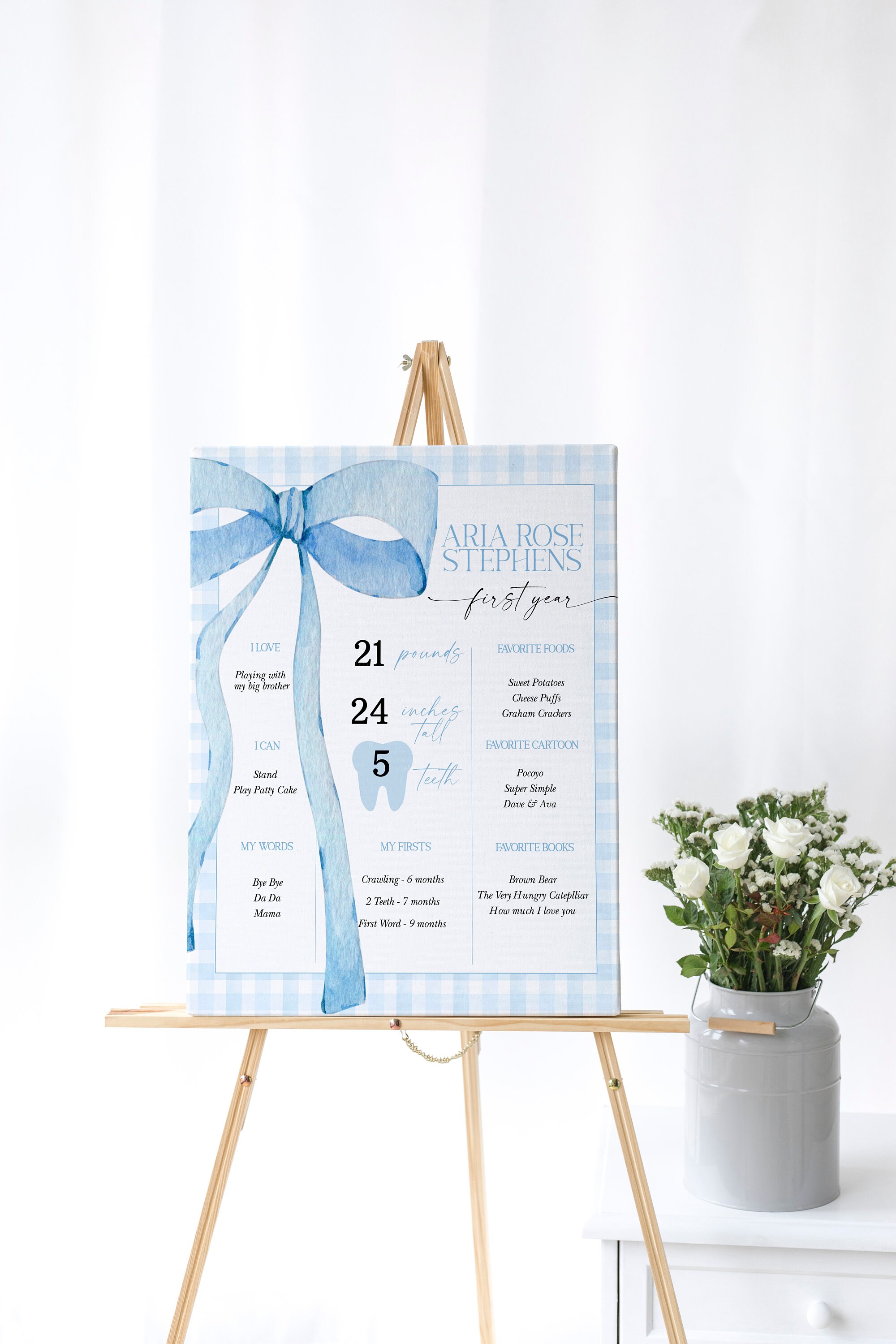 EDITABLE Blue Bow Milestone Sign, First Birthday Gingham Milestone ...