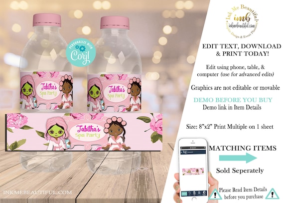 SPA Birthday Water Bottle Label Pamper Party Bottle Label 