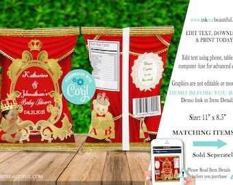 EDITABLE | Red Royal Chip Bag | Royal Red Baby Shower | A Prince is on the way | Red Royal Baby Shower| Royal Prince Theme |RR01