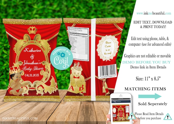 EDITABLE | Red Royal Chip Bag | Royal Red Baby Shower | A Prince is on the way | Red Royal Baby Shower| Royal Prince Theme |RR01 Il_570xn