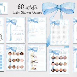 EDITABLE Blue Gingham Baby Shower Game Bundle, Minimalist Baby Shower Blue Watercolor Ribbon Dusty Blue 60 Game Pack Digital Template BB2