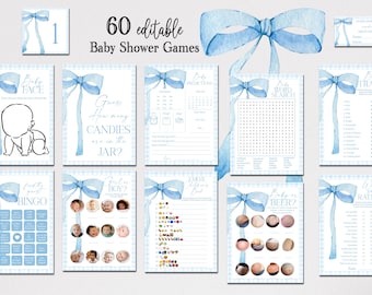 Paquete de juegos de baby shower de cuadros vichy azules editables, paquete de 60 juegos de cinta de acuarela azul minimalista para baby shower, plantilla digital BB2