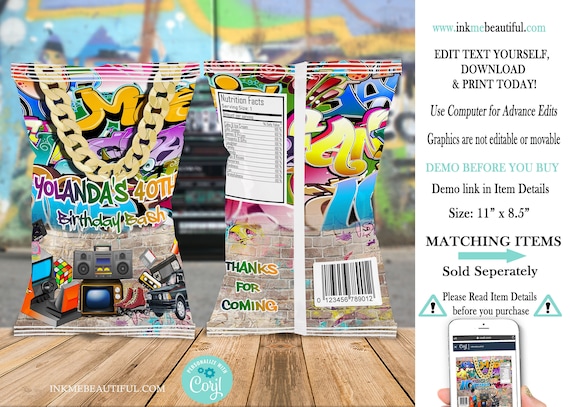 EDITABLE Hip Hop Chip Bag | Throwback Birthday Party | 90s baby| 80s baby|90s kid| Hip Hop | Corjl Digital Download Il_570xn