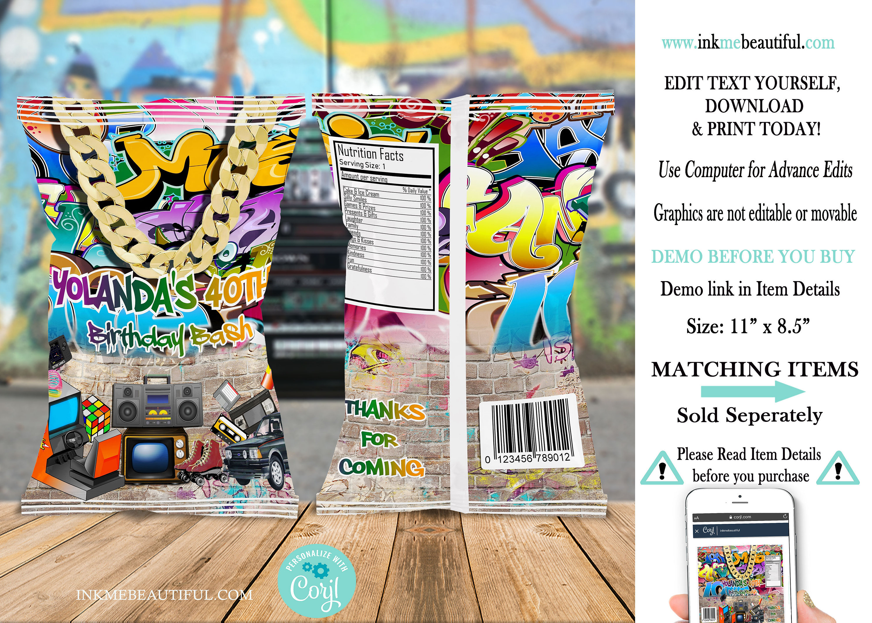 EDITABLE Hip Hop Chip Bag | Throwback Birthday Party | 90s baby| 80s baby|90s kid| Hip Hop | Corjl Digital Download | H001