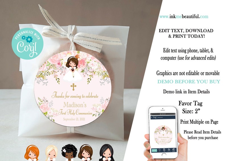 May include: A pink and white round favour tag with a floral design and a girl in a white dress. The tag says "Thanks for coming to celebrate Madison's First Holy Communion September 21, 2021".