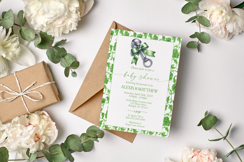 Silver Rattle Invitation EDITABLE Green Chinoiserie Baby Shower Invitation Grandmillenial Baby ...