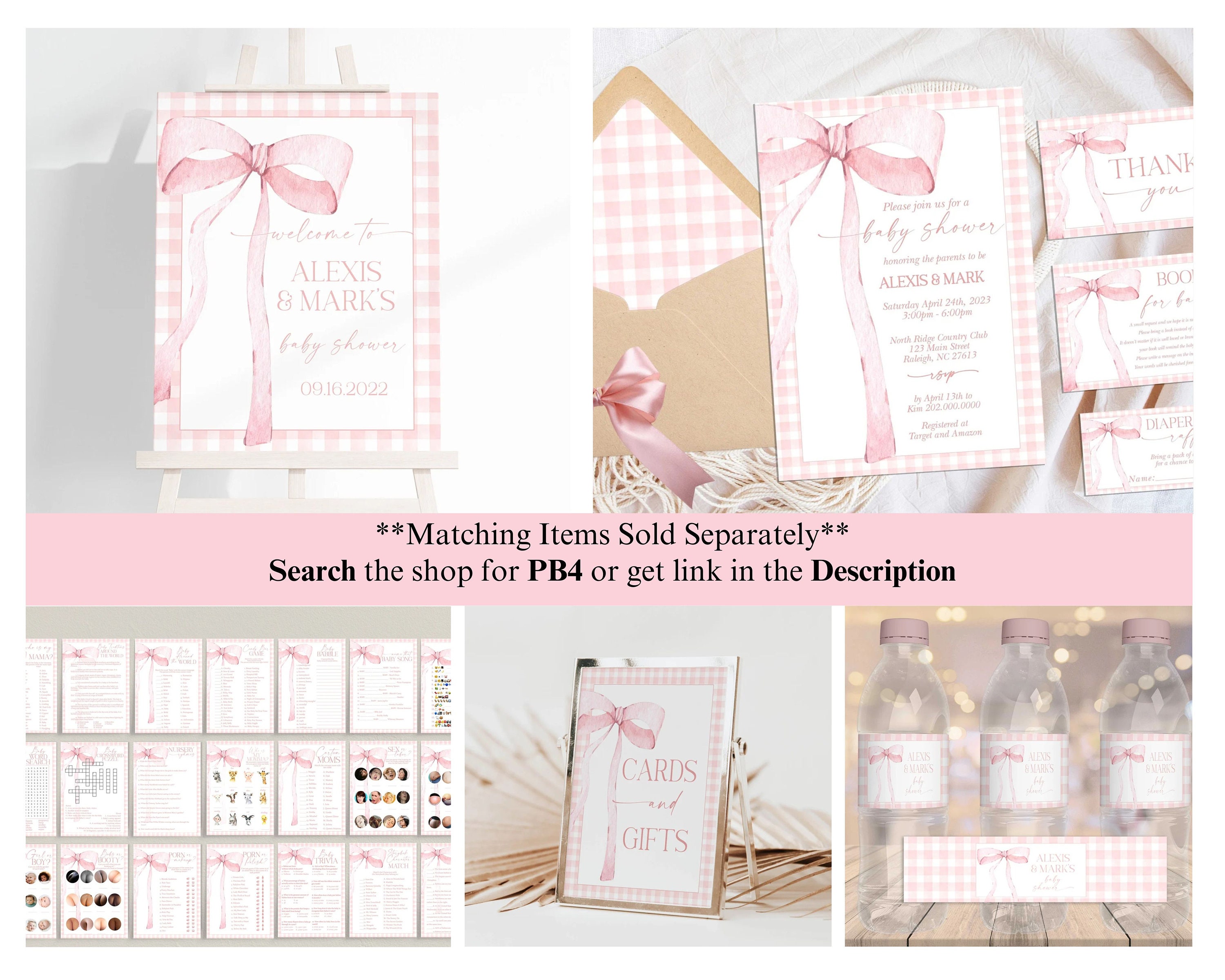 Pink Ribbon G Raffle DIGITAL File Pink Gingham Diaper Raffle Sign Pink Bow Watercolor Ribbon ...
