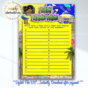 DIGITAL FILE  Hip Hop Baby Name Race Game, 5x7, Hip Hop Girl Baby Shower Games,Throwback 80s 90s House Party, 80s 90s baby, FP01