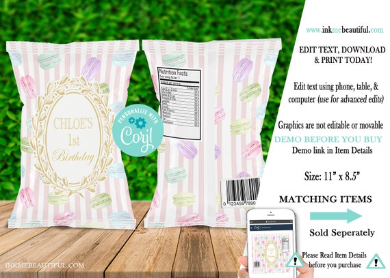 EDITABLE Paris Chip Bag, Parisian Themed Decor, Paris Birthday Party, First Birthday Party, Mint, Blush, Gold Il_570xn