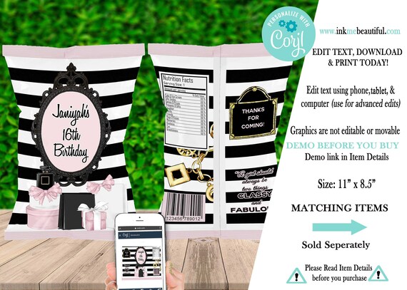 EDITABLE Paris Theme Chip Bag, Pink, Black Stripe, Parisian Themed, Baby Shower Striped Il_570xn