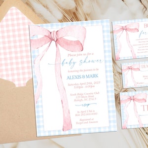 EDITIERBARE Rosa und Blau Vichykaro Einladung für Baby Shower Invite Bundle, Baby Shower Pink Watercolor Ribbon Blush Pink 1. Geburtstag BB3