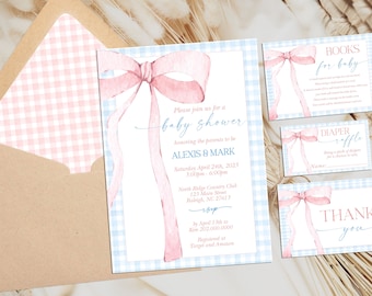 REDIGERBAR rosa och blå gingham-inbjudan för babyshowerinbjudningspaket, babyshowerrosa akvarellband rodnande rosa 1-årsdag BB3