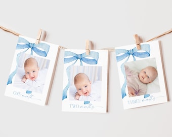 EDITABLE Blue Bow Milestone Banner, 12 Months,  Minimalist Baby Shower Dusty Blue Watercolor Ribbon Blue 1st Birthday Digital Template PB1