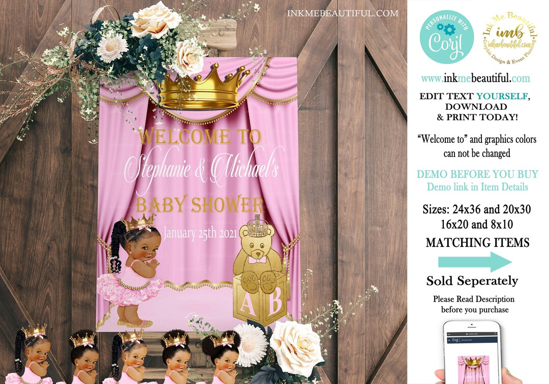 EDITABLE Royal Pink Baby Welcome Poster, Princess Baby Shower, Royal ...