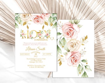 Editable Blush Pink Flower Holy Communion Invite | Bohemian | 1st Birthday Invitation | Blush Pink | Boho | Flowers | BP98