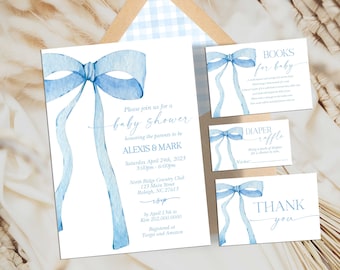 EDITABLE Blue Bow Invitation for Baby Shower Invite Bundle, Minimalist Baby Shower Blue Watercolor Ribbon Dusty Blue 1st Birthday BB1