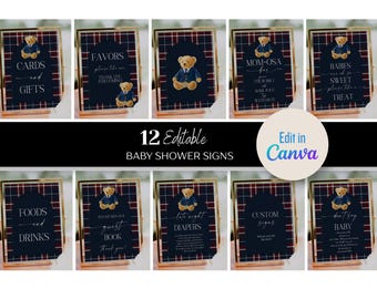 Teddy Bear Baby Shower Signs Bundle | Navy Plaid Editable Canva Decor (Digital Download)
