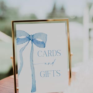 Digital File Blue Bow Cards and Gifts Table Sign Blue Watercolor Ribbon Minimalist Baby Shower Sign Baby Sprinkle Minimal BB1
