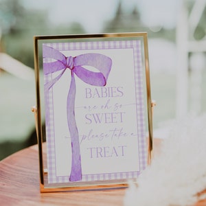 DIGITAL File Purple Gingham Babies are Sweet Treat Sign Purple Bow Watercolor Ribbon Minimalist Baby Shower Sign Baby Sprinkle Minimal PB8